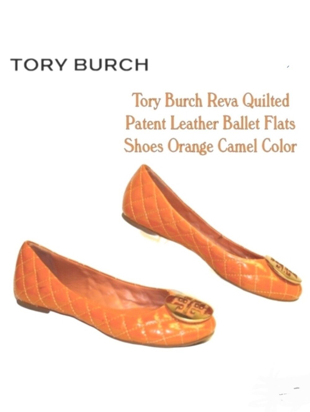 Tory Burch Reva Quilted Patent Leather Ballet Flats Orange Camel Brown Vachetta - Picture 1 of 10